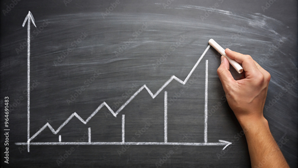 Poster a bar graph is drawn on a chalkboard by hand, emphasizing steady financial growth with an upward-slo