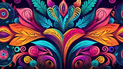 Boho Style Background with Vibrant Abstract Swirls and Floral Patterns. Artistic Colorful Waves and Foliage Design