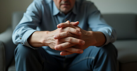 Cropped view, folded hands of unknown senior, man sitting on couch indoors. Close up shot of unrecognizable lonely retired male, deep in thoughts about senile diseases, loneliness in nursing house