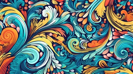 Fototapeta premium Boho Style Background with Vibrant Abstract Swirls and Floral Patterns. Artistic Colorful Waves and Foliage Design