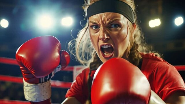A female boxing referee in the middle of a boxing match, making a decisive call, with intense focus