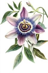 Botanical illustration of a passiflora incarnata with detailed purple petals, representing alternative medicine concepts