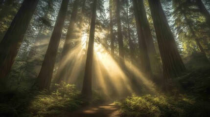 Obraz premium Towering redwoods in a misty forest, with beams of sunlight filtering through the fog and illuminating the forest floor