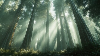 Obraz premium Towering redwoods in a misty forest, with beams of sunlight filtering through the fog and illuminating the forest floor