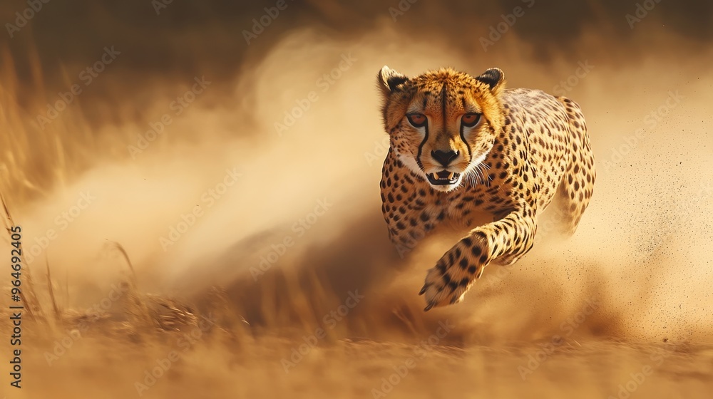 Canvas Prints close-up of a cheetah running at full speed across the african savanna, with dust kicking up behind 