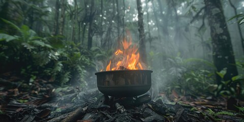 Cooking on a portable camping gas stove surrounded by lush forest during a misty morning