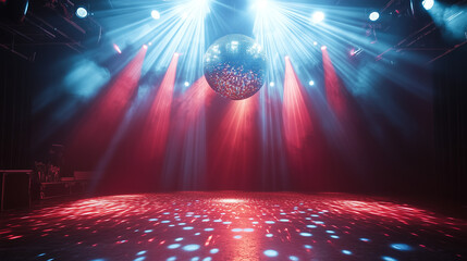 Scena koncertowa z epoki disco ożywa dzięki migoczącej kuli dyskotekowej, która rozprasza błyszczące refleksy na parkiecie. Stylowa atmosfera lat 70. pełna jest energii i blasku.