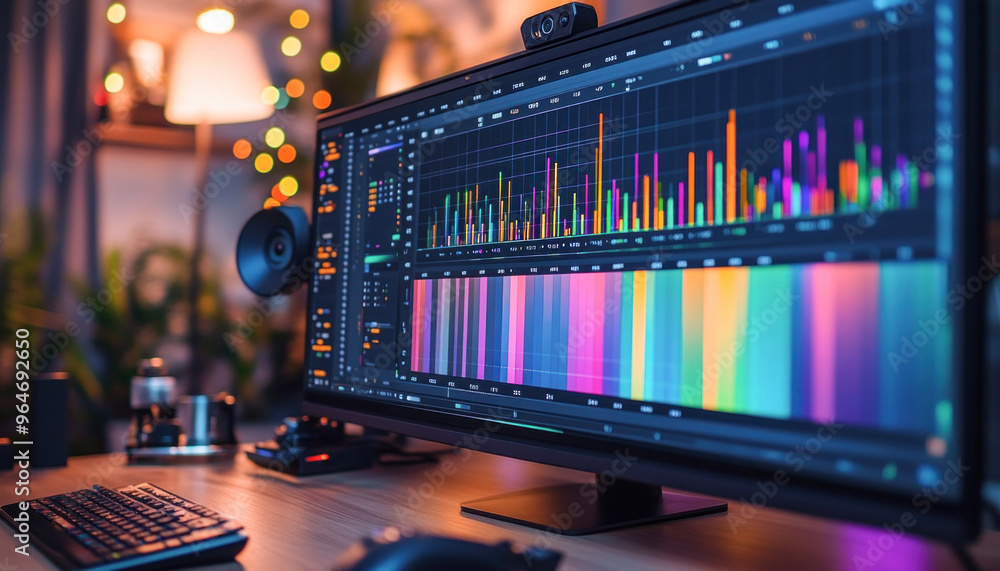 Poster big screen displaying charts and data in cozy home office setup