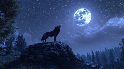 A lone wolf standing on a rocky outcrop, howling at the full moon under a starry night sky