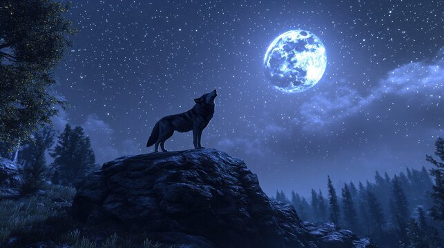A lone wolf standing on a rocky outcrop, howling at the full moon under a starry night sky