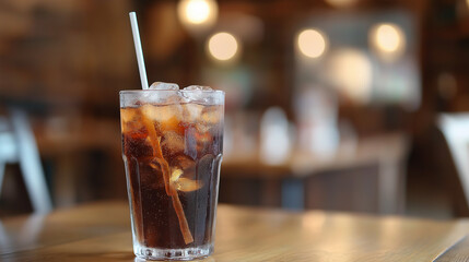 cola drink with ice in glass on the table at cafe 