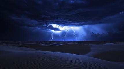 Dramatic lightning storm over a vast desert landscape, with flashes of lightning illuminating the sand dunes