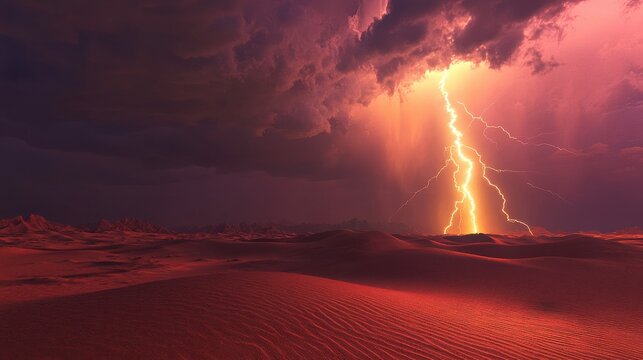 Dramatic lightning storm over a vast desert landscape, with flashes of lightning illuminating the sand dunes