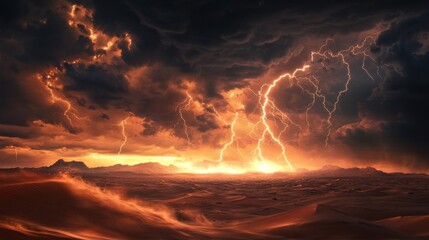 Dramatic lightning storm over a vast desert landscape, with flashes of lightning illuminating the sand dunes