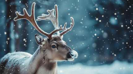 Renifer stoi dumnie w środku zimowego lasu, otoczony ośnieżonymi drzewami. Jego obecność dodaje ciepła i magii zimowej scenerii.