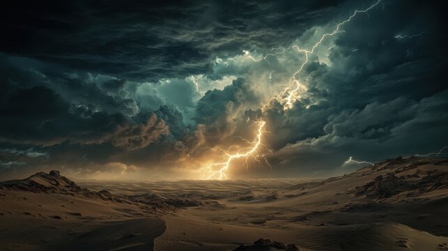 Dramatic lightning storm over a vast desert landscape, with flashes of lightning illuminating the sand dunes