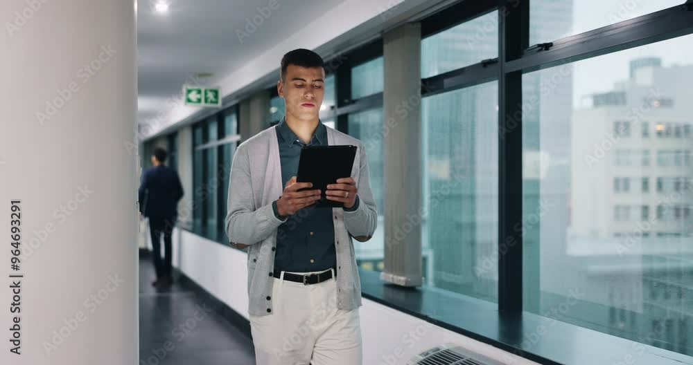 Poster business, man and walking or reading with tablet at office for communication and networking. male pe