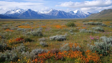 Vast, open tundra with low-lying shrubs and wildflowers, with snow-capped mountains in the distance