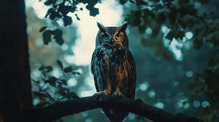 Close-up of an owl perched on a branch, its sharp eyes gazing out into the forest as the light of dawn breaks