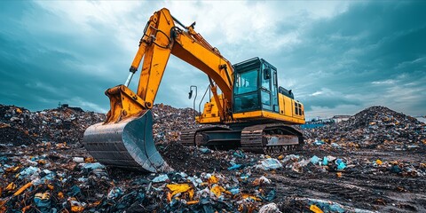 Yellow Excavator Amidst the Vast Garbage Dump With Cloudy Sky