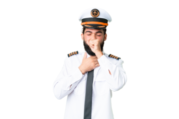 Airplane caucasian pilot man over isolated chroma key background is suffering with cough and feeling bad