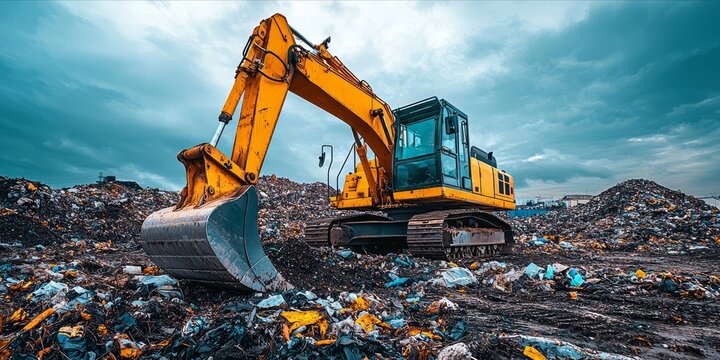 Yellow Excavator Amidst the Vast Garbage Dump With Cloudy Sky