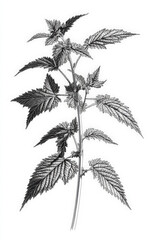 Detailed illustration of a common nettle plant, showcasing its serrated leaves and delicate stem