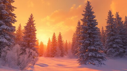 Towering pine trees covered in snow, with a soft orange glow in the sky as the sun sets in the distance