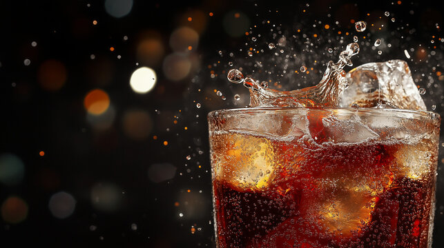 cola drink with ice on black background