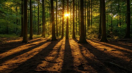 Golden sunlight streaming through the trees in a dense forest, casting long shadows on the forest floor