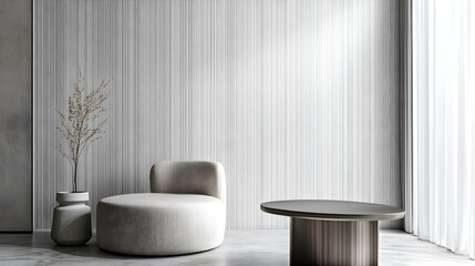 Modern Minimalist Interior Design with White Walls  Armchair  and Coffee Table