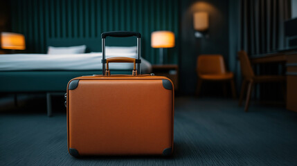 A small orange suitcase with a retractable handle is placed in the center of a modern hotel room with contemporary furnishings and warm lighting.