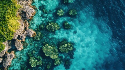 Obraz premium Aerial view of a pristine coral reef in crystal-clear turquoise waters, with vibrant marine life swimming below