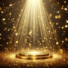 Luxurious golden party stage with lighting and golden glitters, A grand, opulent award ceremony stage adorned with golden light lamps concept of premium product marketing.