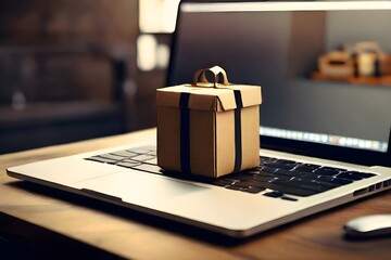 Shopping box on laptop, Online shopping. Cardboard box with a shopping cart logo in a trolley on a laptop keyboard payment by credit card and offers home delivery.