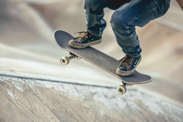 Close-up of a skateboard in motion at a skate park during sunset, with graffiti in the background.. Beautiful simple AI generated image