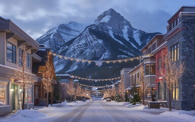 Snow-Covered Banff Avenue with Festive Lights and Rockies in the Distance