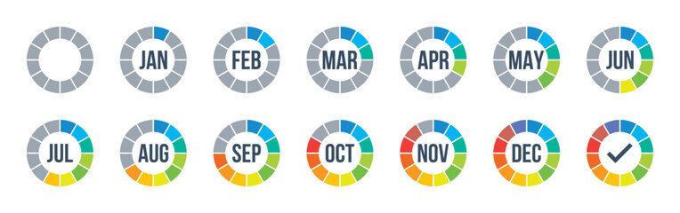 12 months round colorful countdown, whole year progress indicator