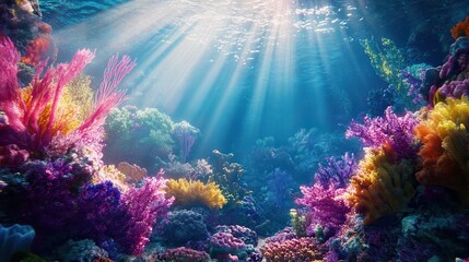 Obraz premium Close-up of a vibrant coral reef teeming with colorful marine life, with sunlight filtering through the crystal-clear water