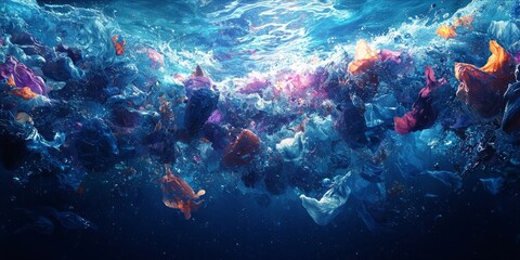 Fototapeta premium Vivid Underwater Dreamscape with Floating Fabrics in Abstract Art Style