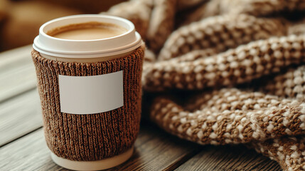 Obraz premium A cup of coffee with a label on it is sitting on a table next to a blanket
