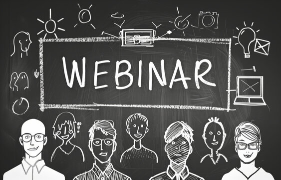 Webinar, online learning, where participants use digital tools, internet for education. Knowledge sharing, training, and study through web and laptop in a collaborative, e-learning environment.