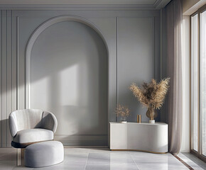 Aesthetic elegant modern iinterior design with classic elements. Clear mock up empty wall for decoration in the apartment. Copy space in the room with moldings. Neutral palette of natural colors