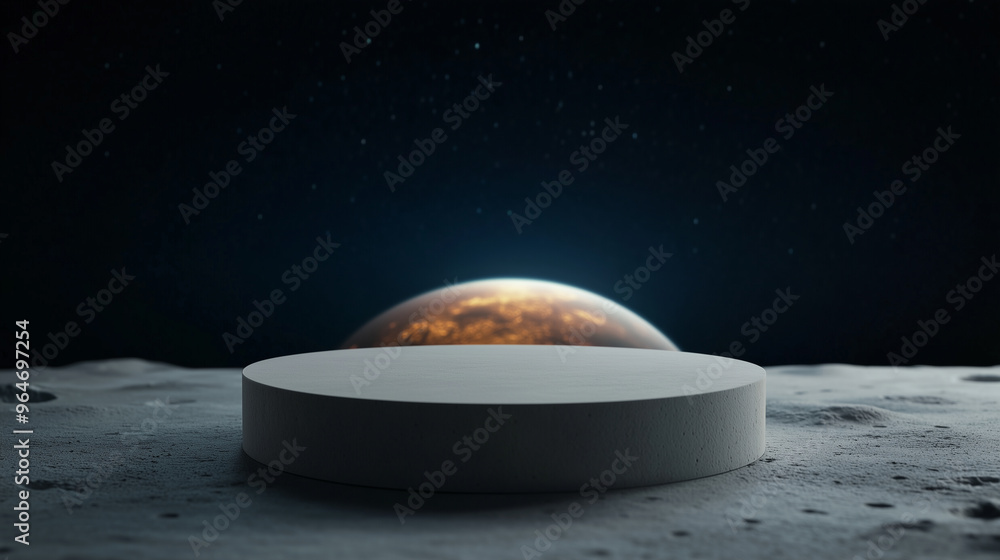 Wall mural space mockup podium for product presentation on a moon surface with craters and glowing earth in the