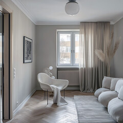 Aesthetic elegant modern iinterior design with classic elements. Clear mock up empty wall for decoration in the apartment. Copy space in the room with moldings. Neutral palette of natural colors