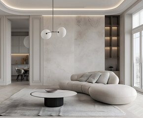 Aesthetic elegant modern iinterior design with classic elements. Clear mock up empty wall for decoration in the apartment. Copy space in the room with moldings. Neutral palette of natural colors