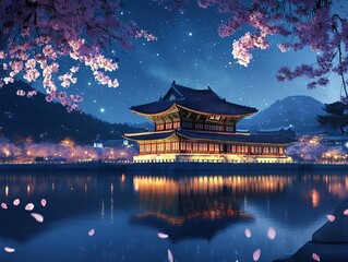 Fototapeta premium Gyeongbokgung Palace at night, South Korea, San Andres & Providencia Islands Caribbean Colombia