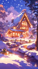 Obraz premium This serene holiday landscape features a cozy cottage illuminated by festive lights, nestled in a snowy forest as a scroll invites viewers into a winter wonderland