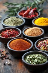 Fototapeta premium Selection of various colorful spices on a wooden table in bowls. 