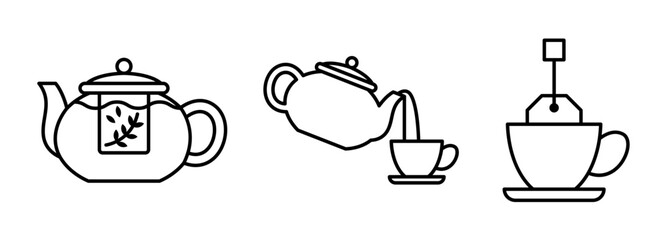 Icons of teapot with water, cup with tea bag, tea icon set